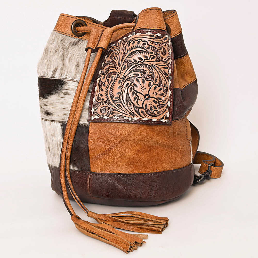 ADBG1324 Western Patchwork Leather & Cowhide Drawstring Backpack with Tooled Accent