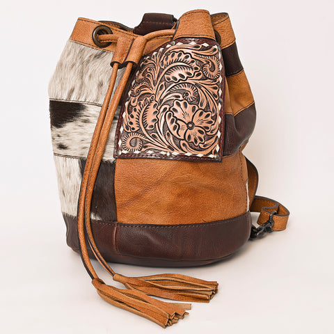 American Darling Western Leather Bucket Bag with Hair-On Cowhide Patches & Tooled Leather Accent
