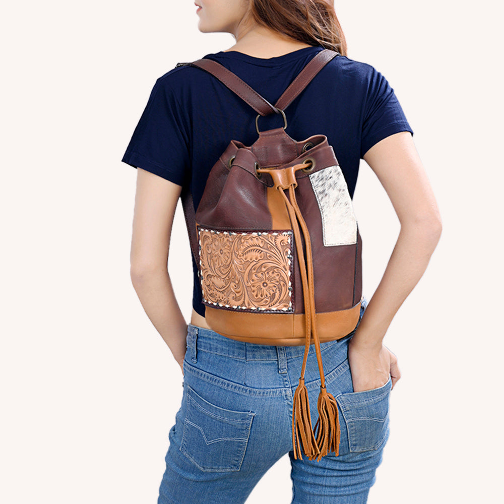 ADBG1324 Western Patchwork Leather & Cowhide Drawstring Backpack with Tooled Accent