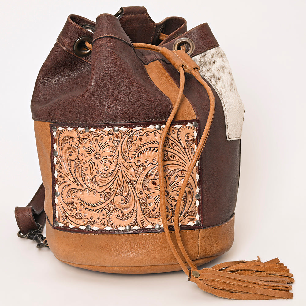 ADBG1324 Western Patchwork Leather & Cowhide Drawstring Backpack with Tooled Accent