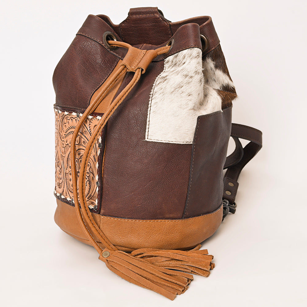 ADBG1324 Western Patchwork Leather & Cowhide Drawstring Backpack with Tooled Accent