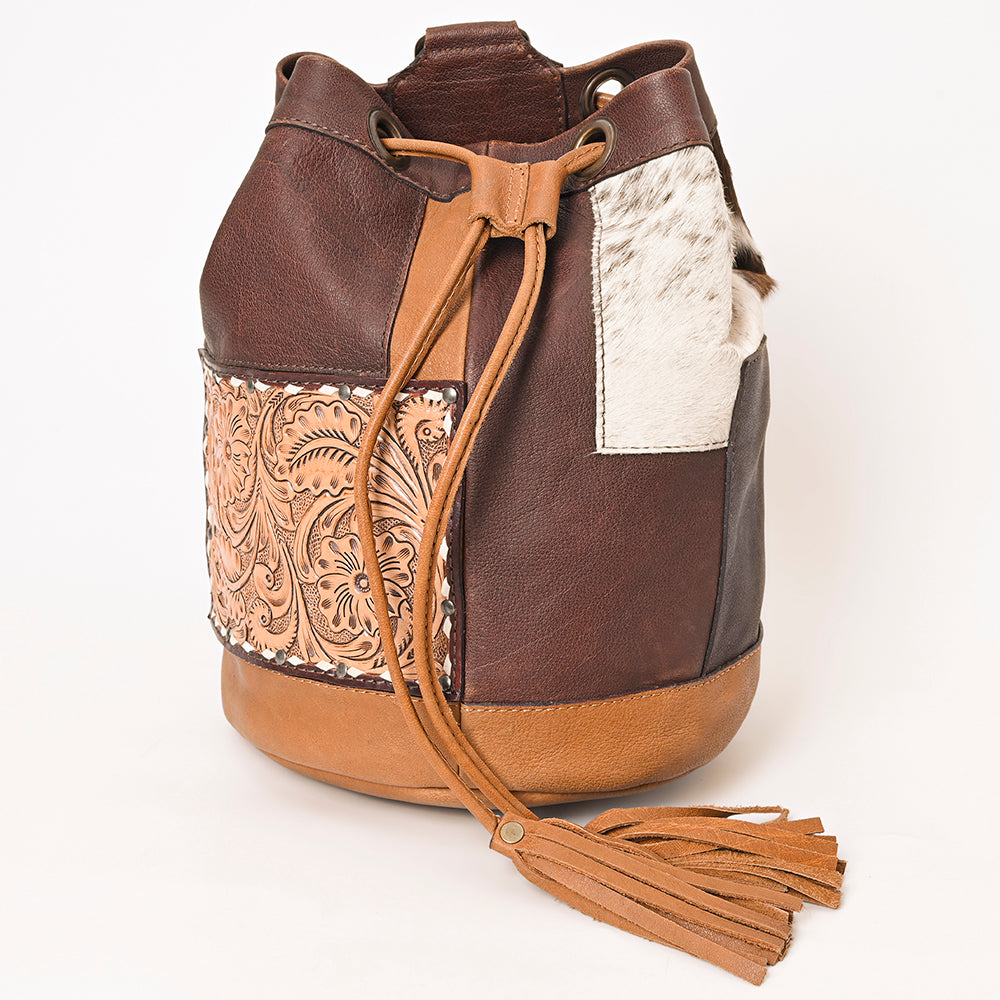 ADBG1324 Western Patchwork Leather & Cowhide Drawstring Backpack with Tooled Accent