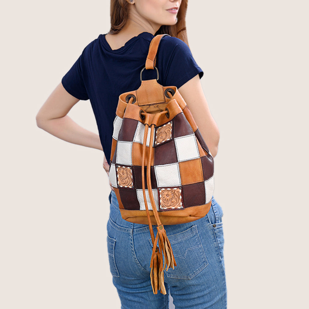 ADBG1324 Western Patchwork Leather & Cowhide Drawstring Backpack with Tooled Accent