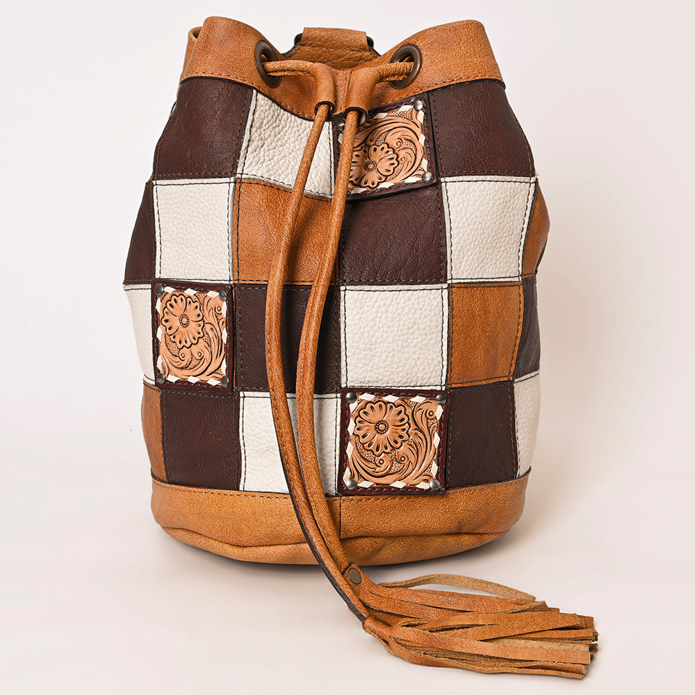 ADBG1324 Western Patchwork Leather & Cowhide Drawstring Backpack with Tooled Accent