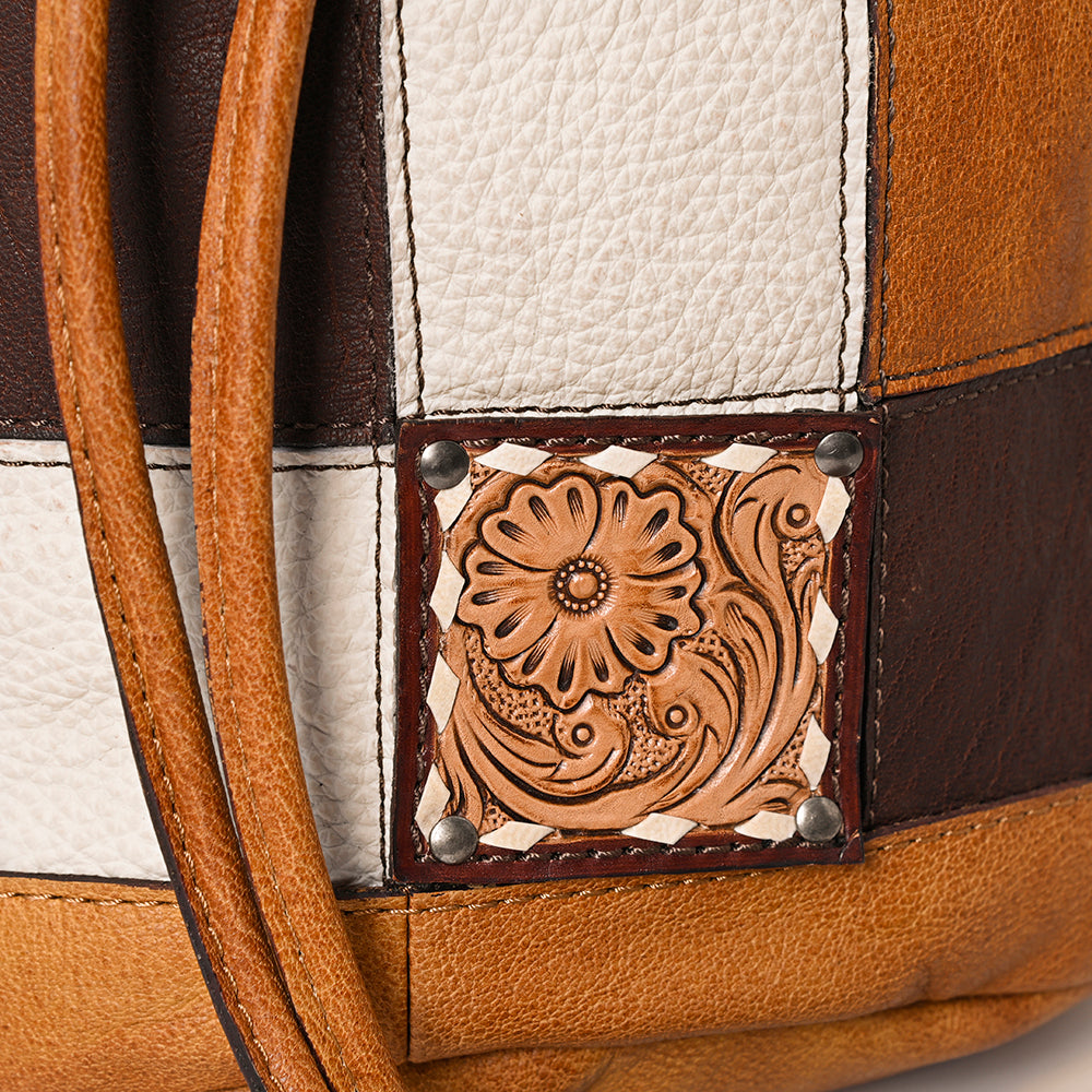 ADBG1324 Western Patchwork Leather & Cowhide Drawstring Backpack with Tooled Accent