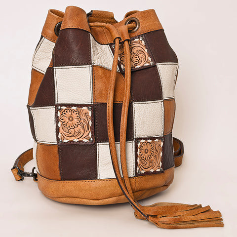 American Darling Western Leather Bucket Bag with Hair-On Cowhide Patches & Tooled Leather Accent
