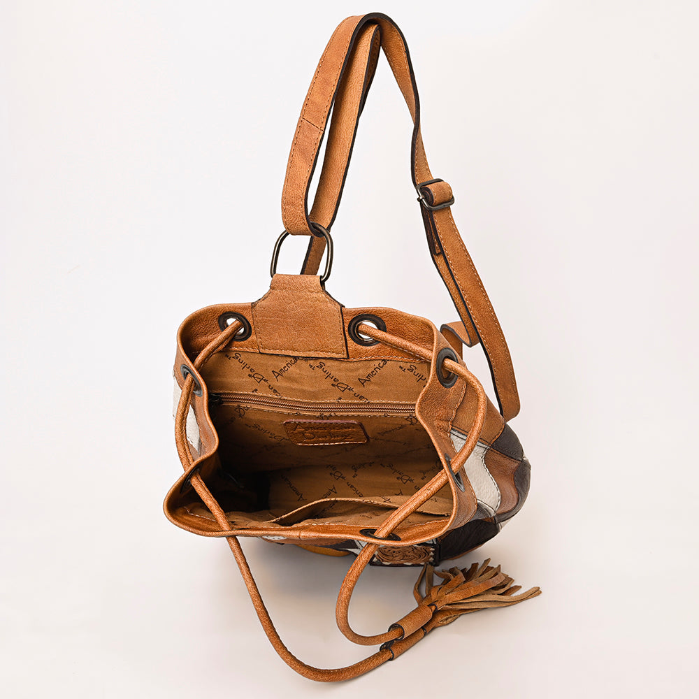 ADBG1324 Western Patchwork Leather & Cowhide Drawstring Backpack with Tooled Accent