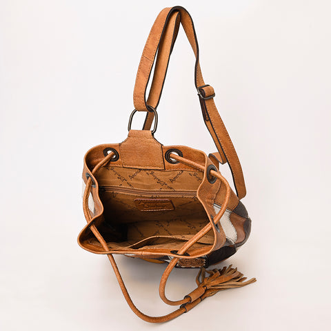 American Darling Western Leather Bucket Bag with Hair-On Cowhide Patches & Tooled Leather Accent