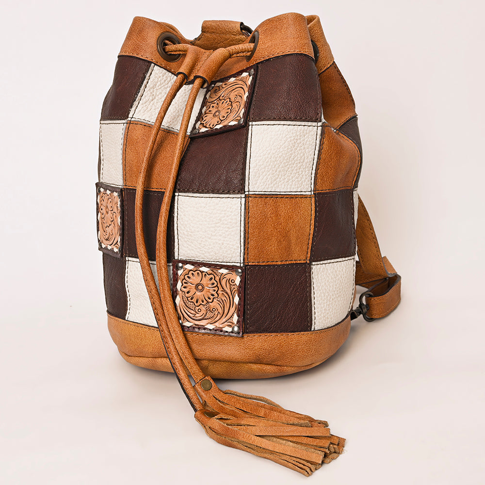ADBG1324 Western Patchwork Leather & Cowhide Drawstring Backpack with Tooled Accent