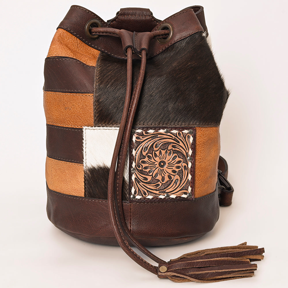 ADBG1324 Western Patchwork Leather & Cowhide Drawstring Backpack with Tooled Accent
