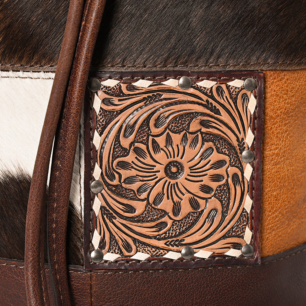 ADBG1324 Western Patchwork Leather & Cowhide Drawstring Backpack with Tooled Accent