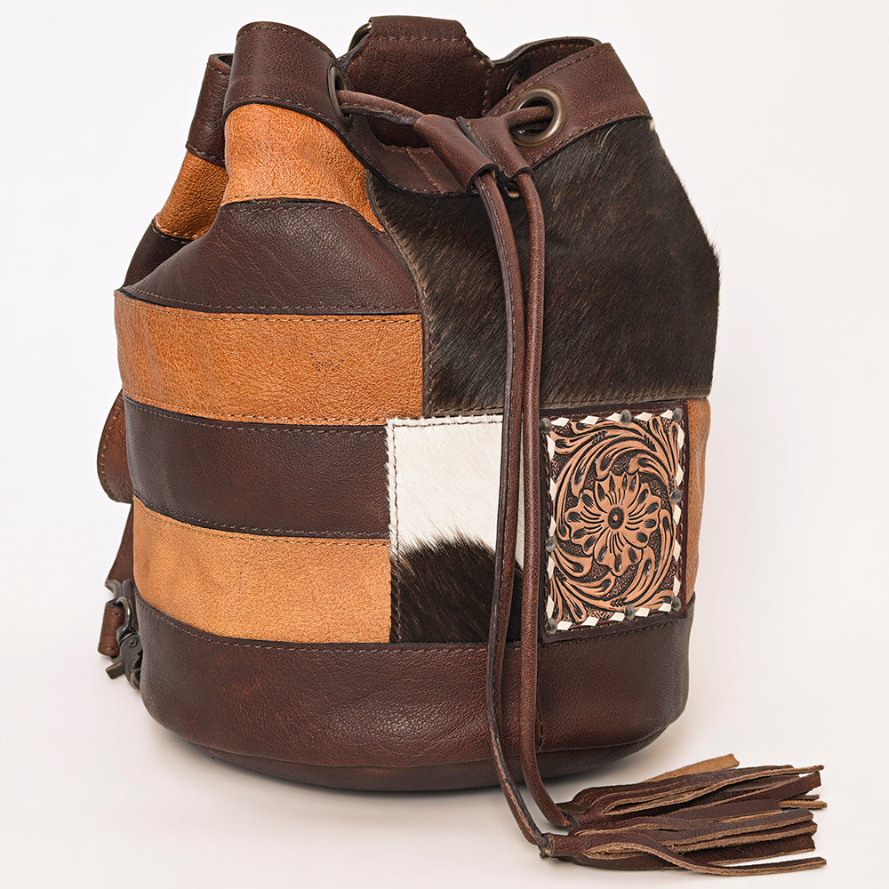 ADBG1324 Western Patchwork Leather & Cowhide Drawstring Backpack with Tooled Accent
