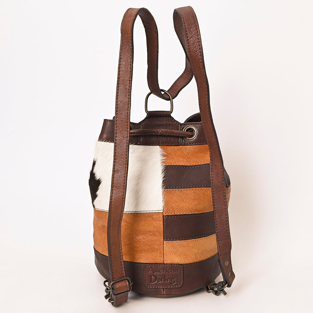 ADBG1324 Western Patchwork Leather & Cowhide Drawstring Backpack with Tooled Accent