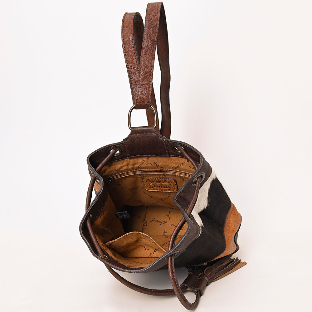 ADBG1324 Western Patchwork Leather & Cowhide Drawstring Backpack with Tooled Accent