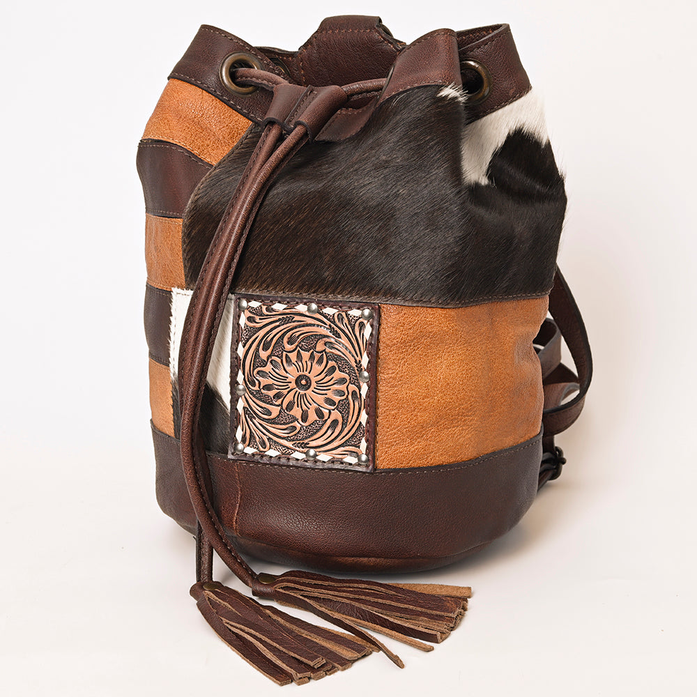 ADBG1324 Western Patchwork Leather & Cowhide Drawstring Backpack with Tooled Accent