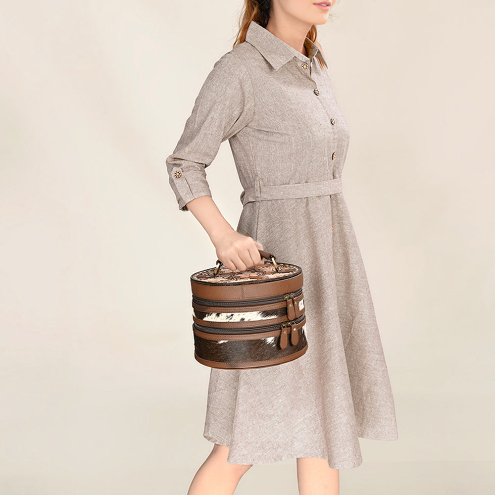 ADBGA491 American Darling Round Jewelry Case Hand-Tooled Leather & Cowhide Western Organizer