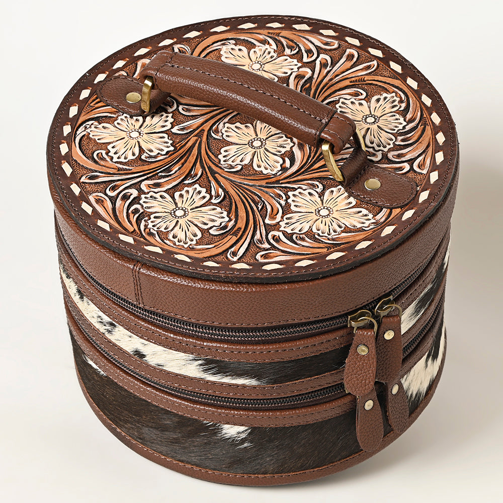 ADBGA491 American Darling Round Jewelry Case Hand-Tooled Leather & Cowhide Western Organizer