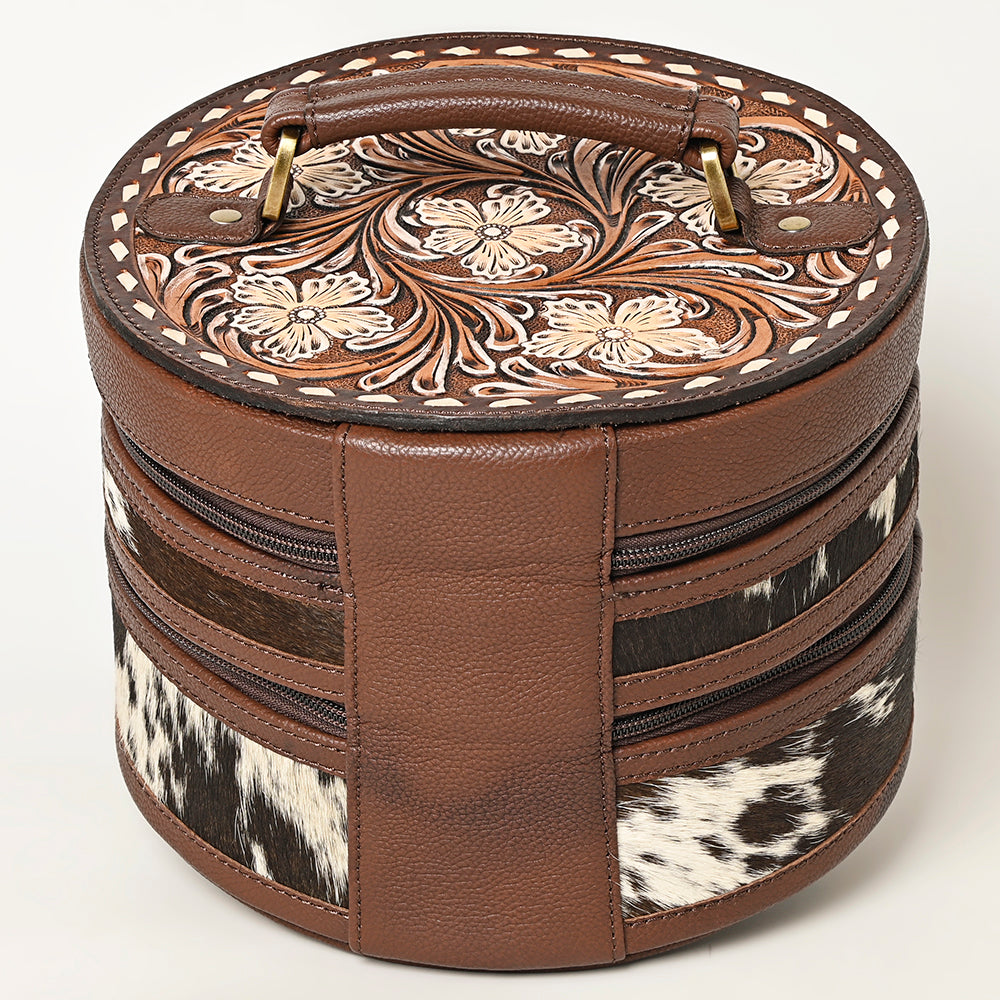 ADBGA491 American Darling Round Jewelry Case Hand-Tooled Leather & Cowhide Western Organizer