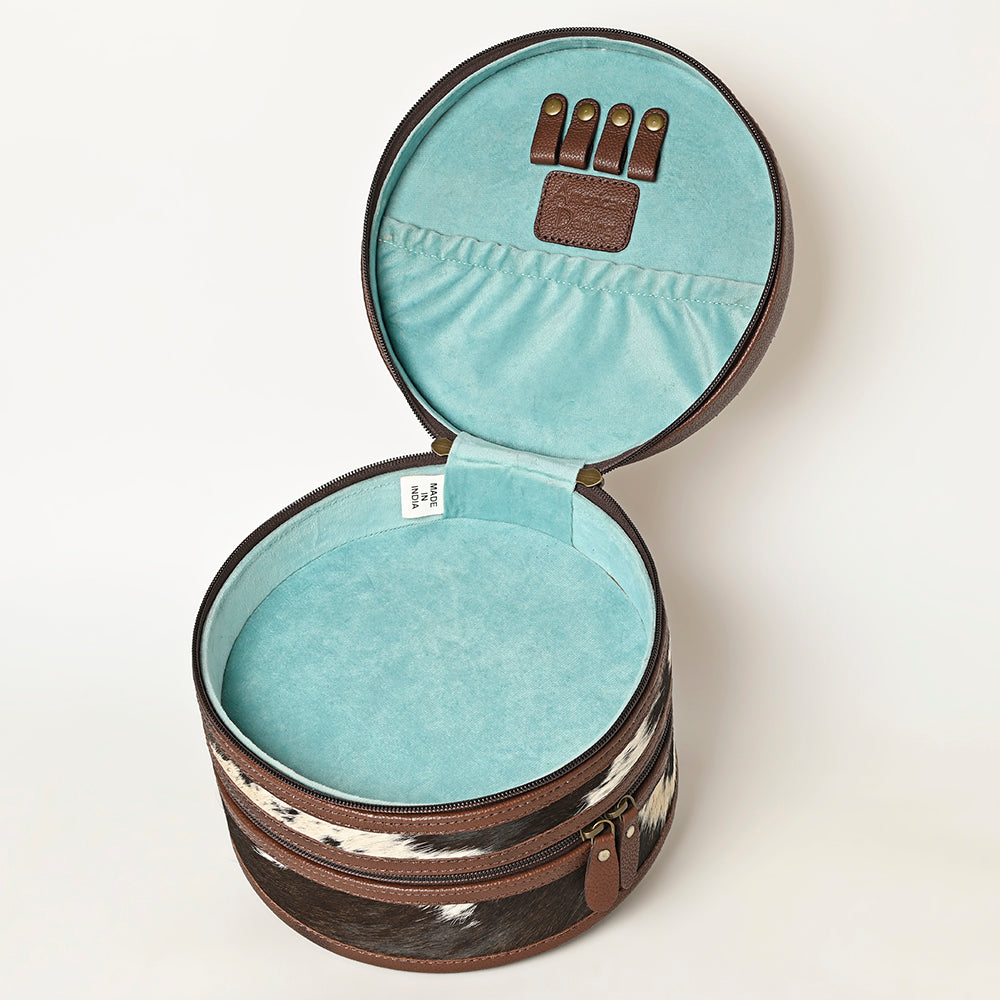 ADBGA491 American Darling Round Jewelry Case Hand-Tooled Leather & Cowhide Western Organizer