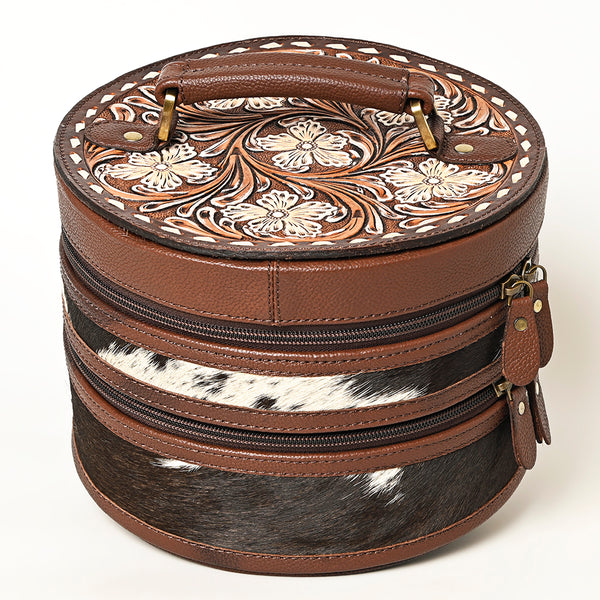 ADBGA491 American Darling Round Jewelry Case Hand-Tooled Leather & Cowhide Western Organizer