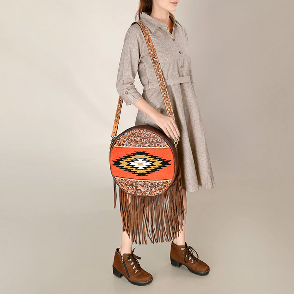 ADBGA486 American Darling Canteen Crossbody Bag Hand-Tooled Leather & Cowhide Western Round Purse