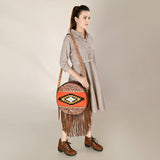 ADBGA486 American Darling Canteen Crossbody Bag Hand-Tooled Leather & Cowhide Western Round Purse