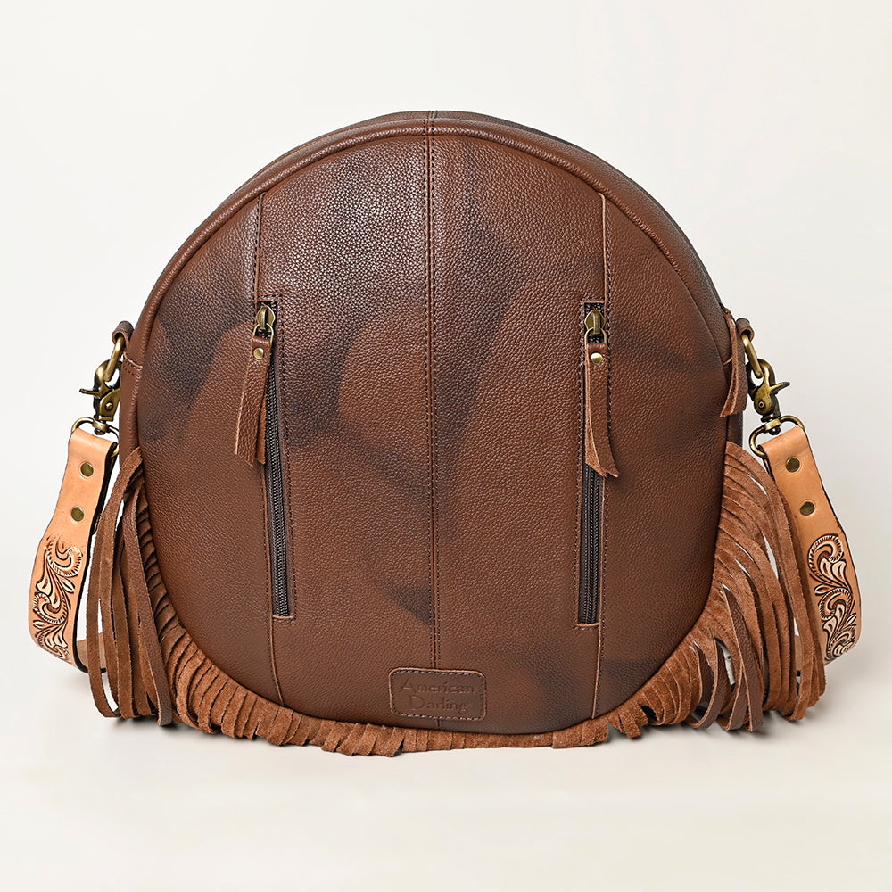 ADBGA486 American Darling Canteen Crossbody Bag Hand-Tooled Leather & Cowhide Western Round Purse
