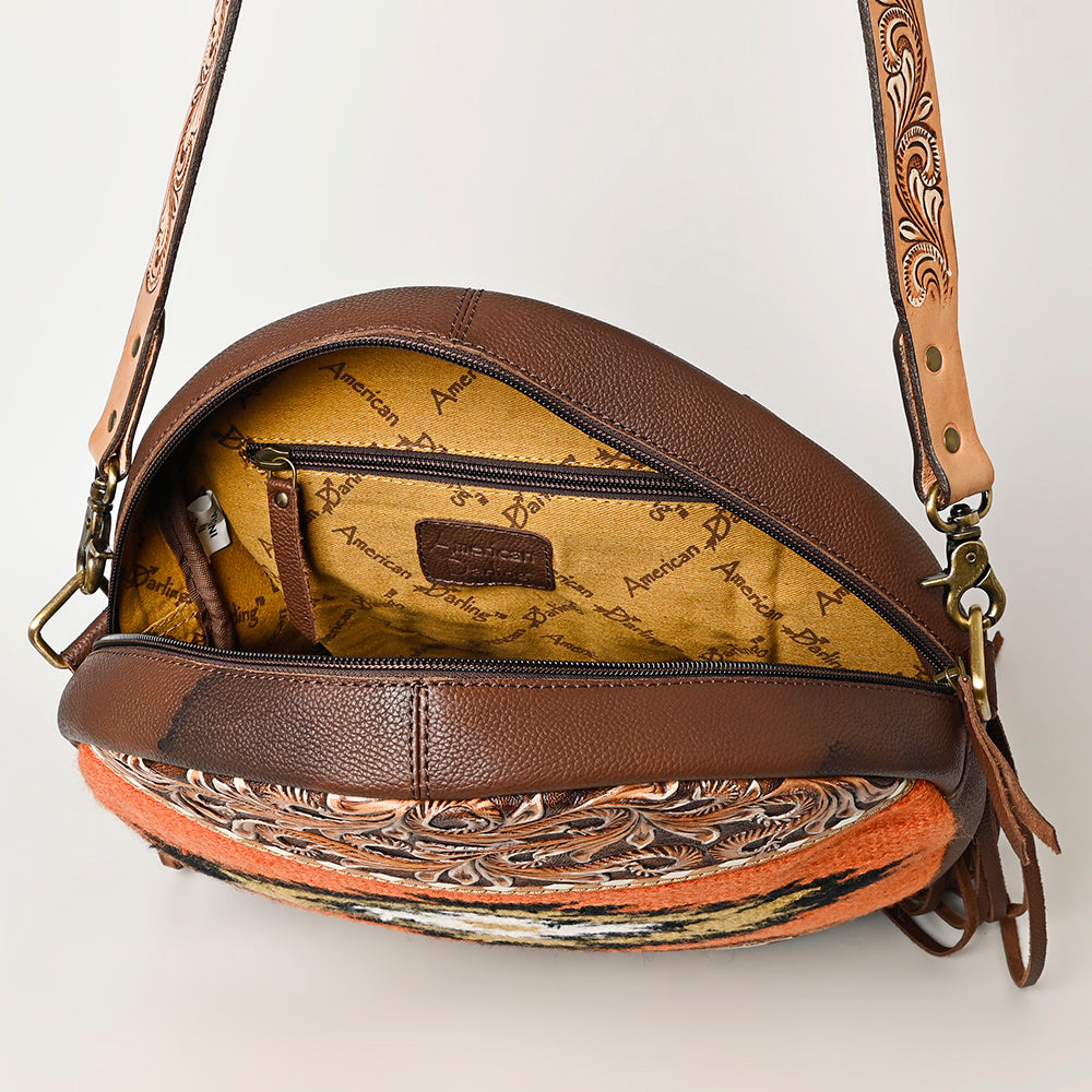 ADBGA486 American Darling Canteen Crossbody Bag Hand-Tooled Leather & Cowhide Western Round Purse