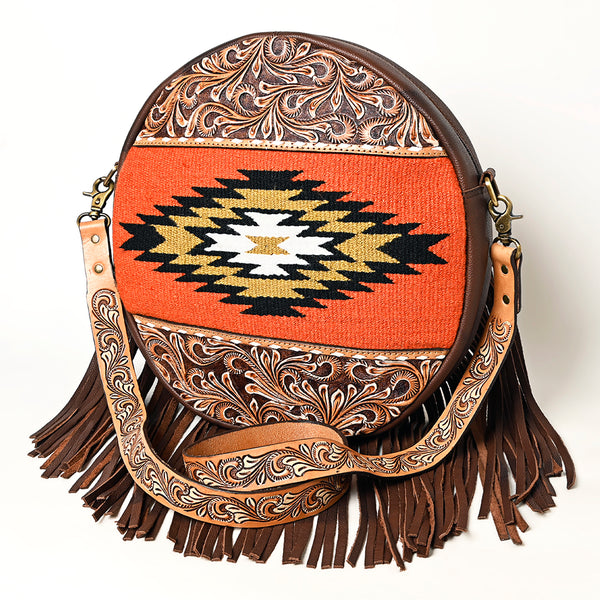 ADBGA486 American Darling Canteen Crossbody Bag Hand-Tooled Leather & Cowhide Western Round Purse