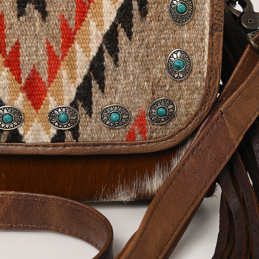ADBG1388 Wool Saddle Blanket Crossbody Genuine Western Fringes Leather Women Bag