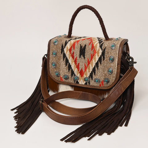 American Darling Western Leather Small Crossbody Bag with Hair-On Cowhide and Fringes