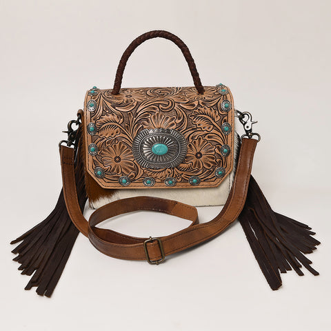 American Darling Western Leather Small Crossbody Bag with Hair-On Cowhide and Tooled Flap