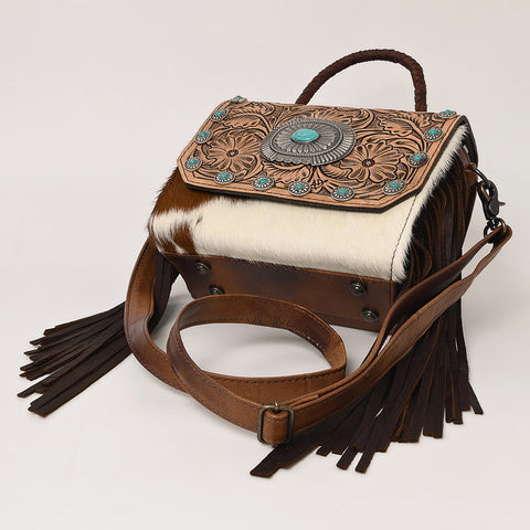 American Darling Western Leather Small Crossbody Bag with Hair-On Cowhide and Tooled Flap
