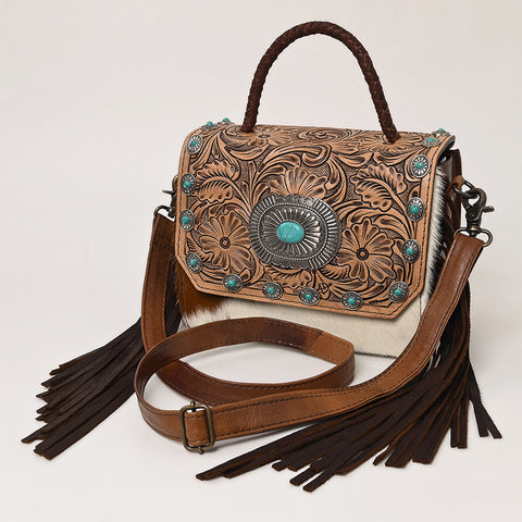 American Darling Western Leather Small Crossbody Bag with Hair-On Cowhide and Tooled Flap