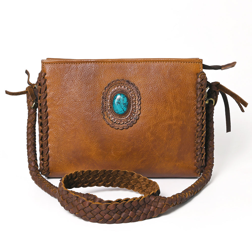ADBGM335 Leather Crossbody Bag with Turquoise Concho & Braided Strap - Handmade Western Purse