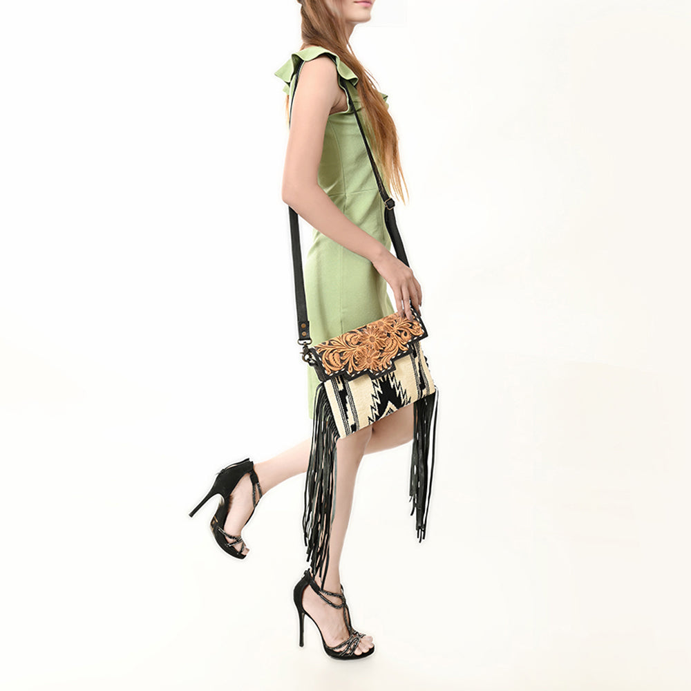 ADBG587A Western Tooled Leather Crossbody Bag with Fringe and Woven Fabric