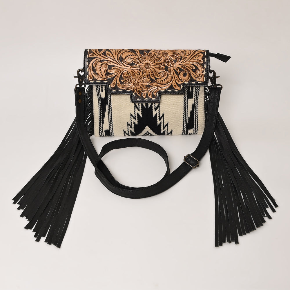 ADBG587A Western Tooled Leather Crossbody Bag with Fringe and Woven Fabric