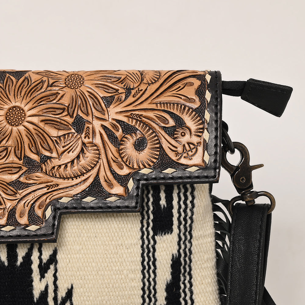 ADBG587A Western Tooled Leather Crossbody Bag with Fringe and Woven Fabric