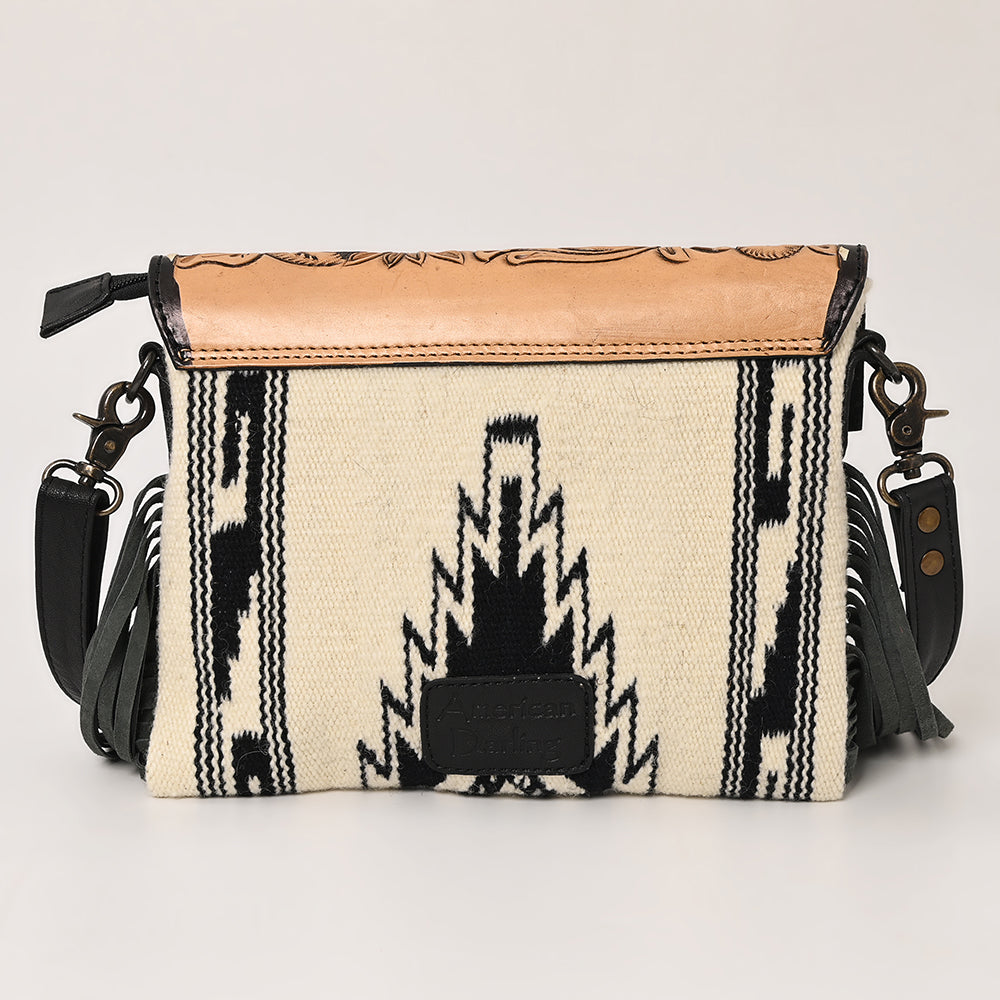 ADBG587A Western Tooled Leather Crossbody Bag with Fringe and Woven Fabric