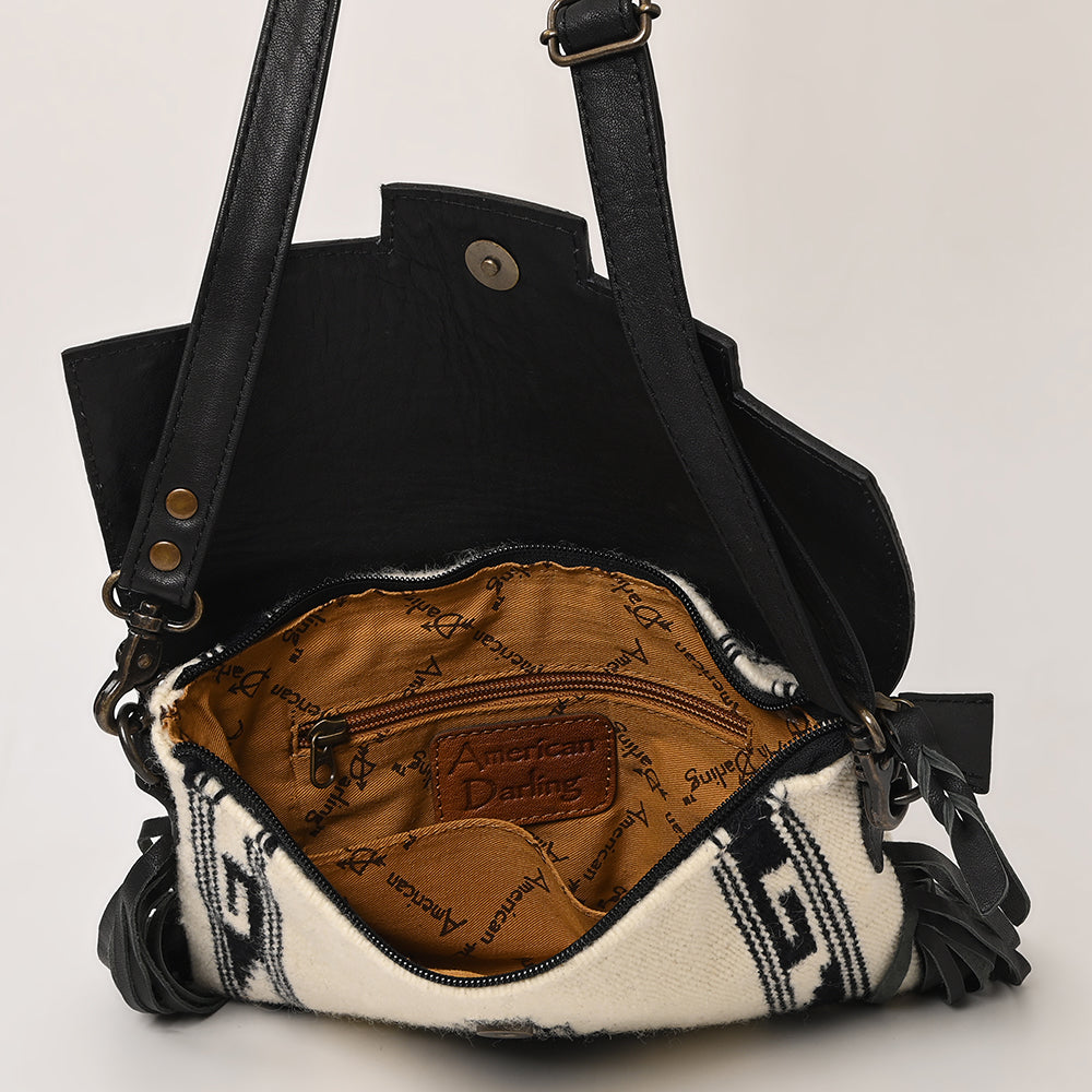 ADBG587A Western Tooled Leather Crossbody Bag with Fringe and Woven Fabric