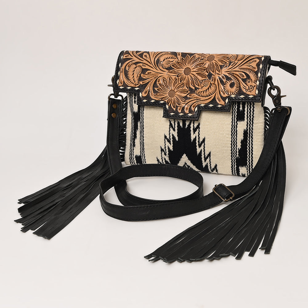 ADBG587A Western Tooled Leather Crossbody Bag with Fringe and Woven Fabric