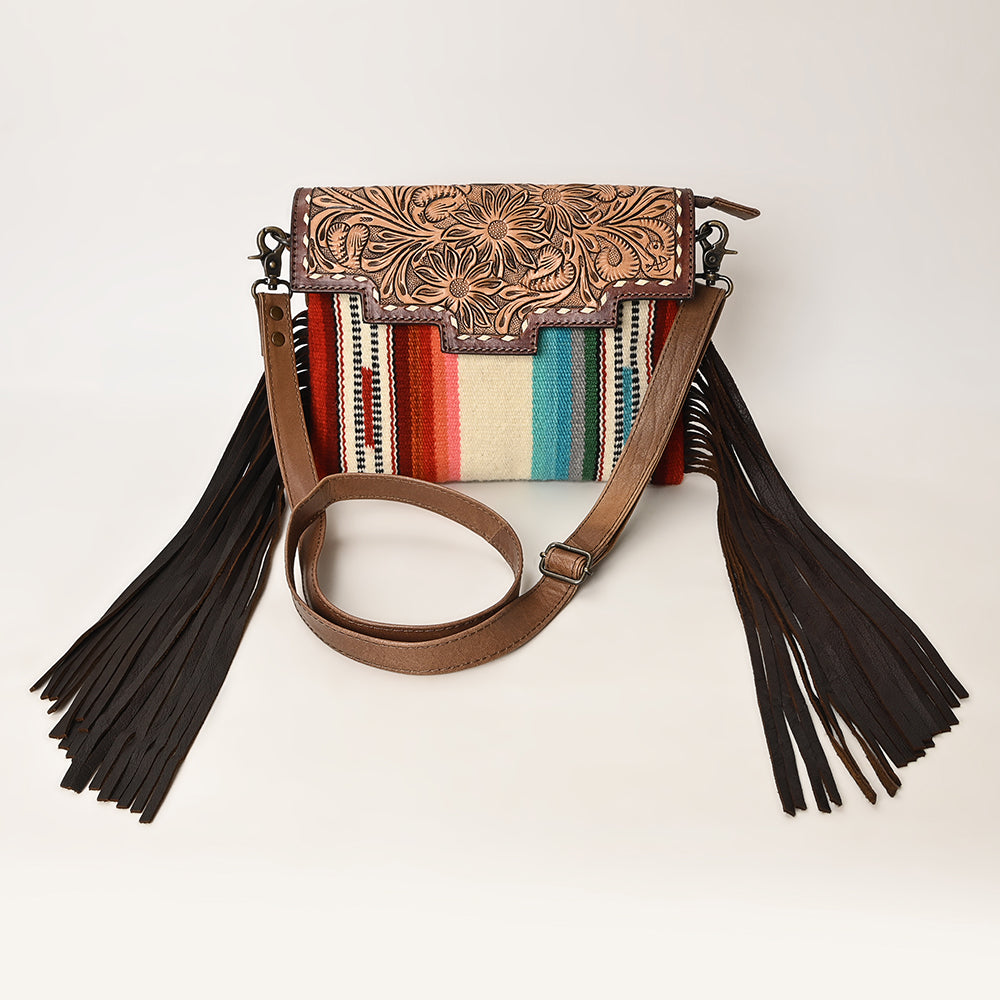 ADBG587B Western Tooled Leather Crossbody Bag with Fringe and Woven Fabric