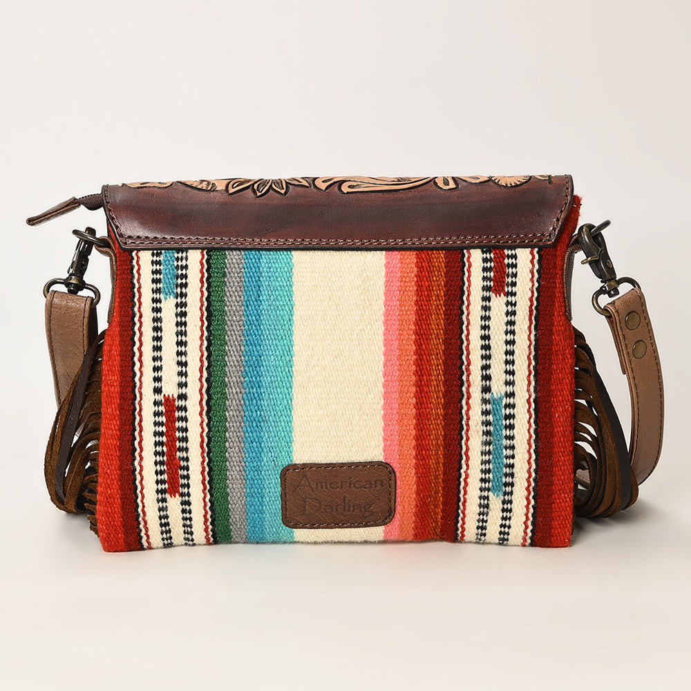 ADBG587B Western Tooled Leather Crossbody Bag with Fringe and Woven Fabric