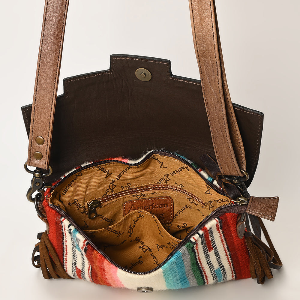 ADBG587B Western Tooled Leather Crossbody Bag with Fringe and Woven Fabric