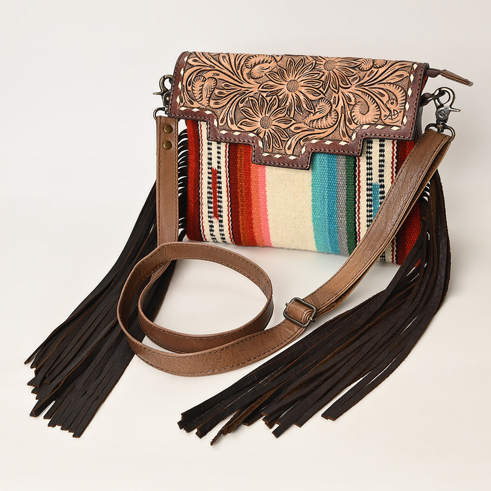 ADBG587B Western Tooled Leather Crossbody Bag with Fringe and Woven Fabric