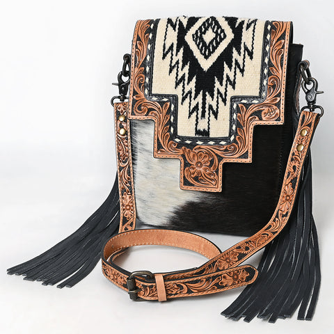 American Darling Hand Tooled Floral & Cowhide Messenger Bag with Saddle Blanket