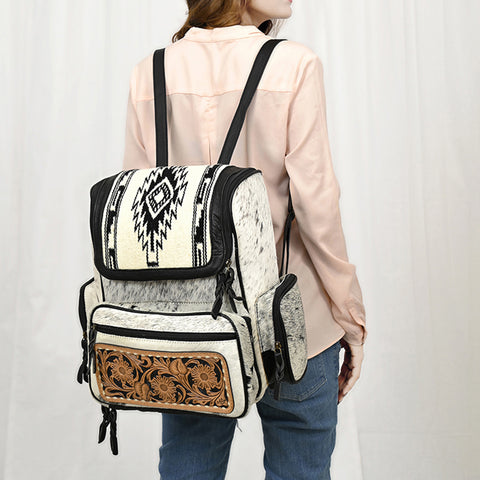 American Darling Western Wool & Cowhide Backpack with Tooled Leather Accent Pocket