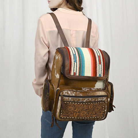American Darling Western Wool & Cowhide Backpack with Tooled Leather Accent Pocket