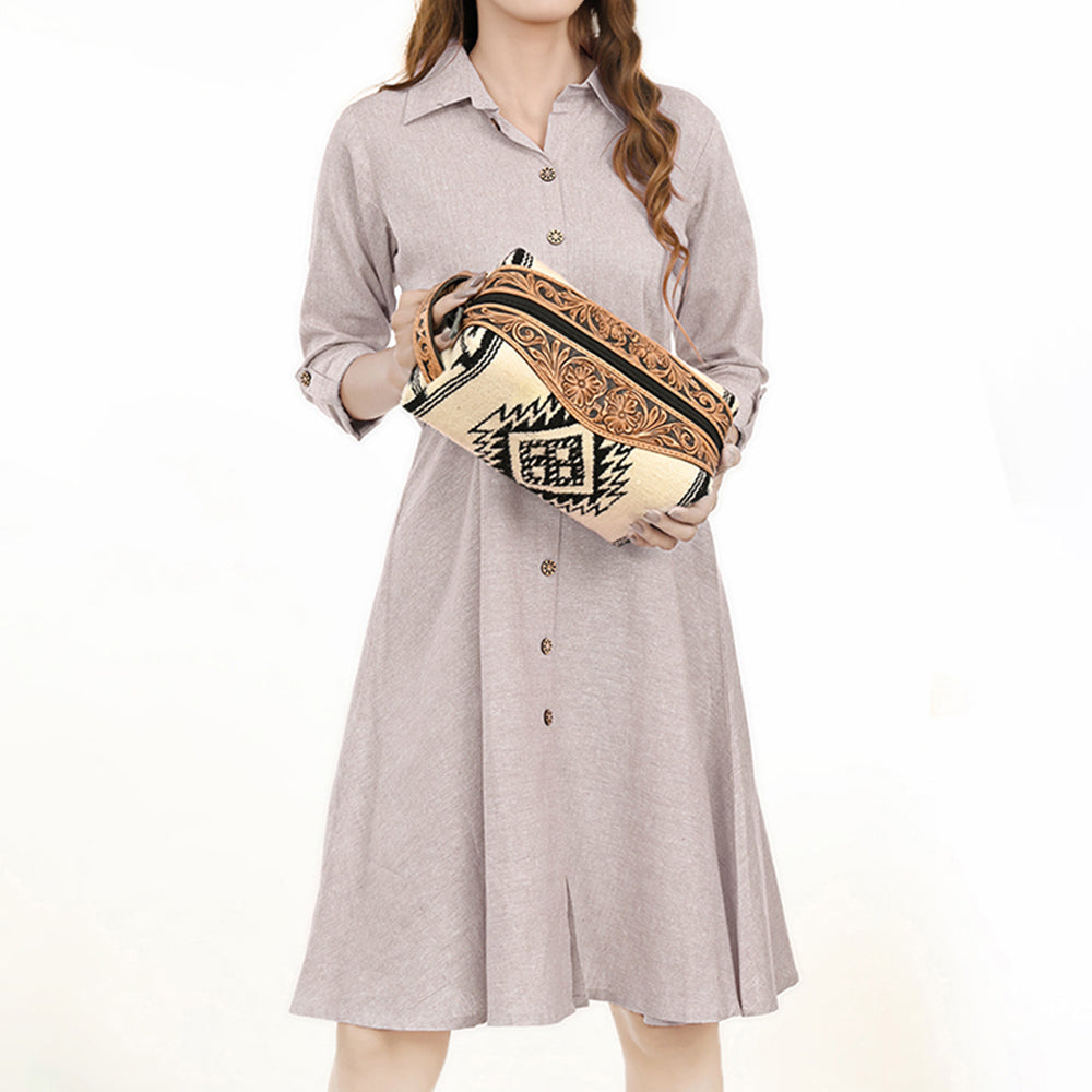 ADBG995 Western Saddle Blanket Toiletry Bag with Tooled Leather Trim American Darling Travel Case