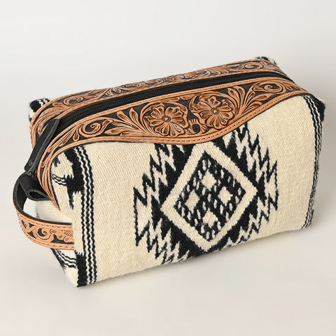 American Darling Hand Tooled Floral Leather Toiletry Bag with Hand-Woven Saddle Blanket